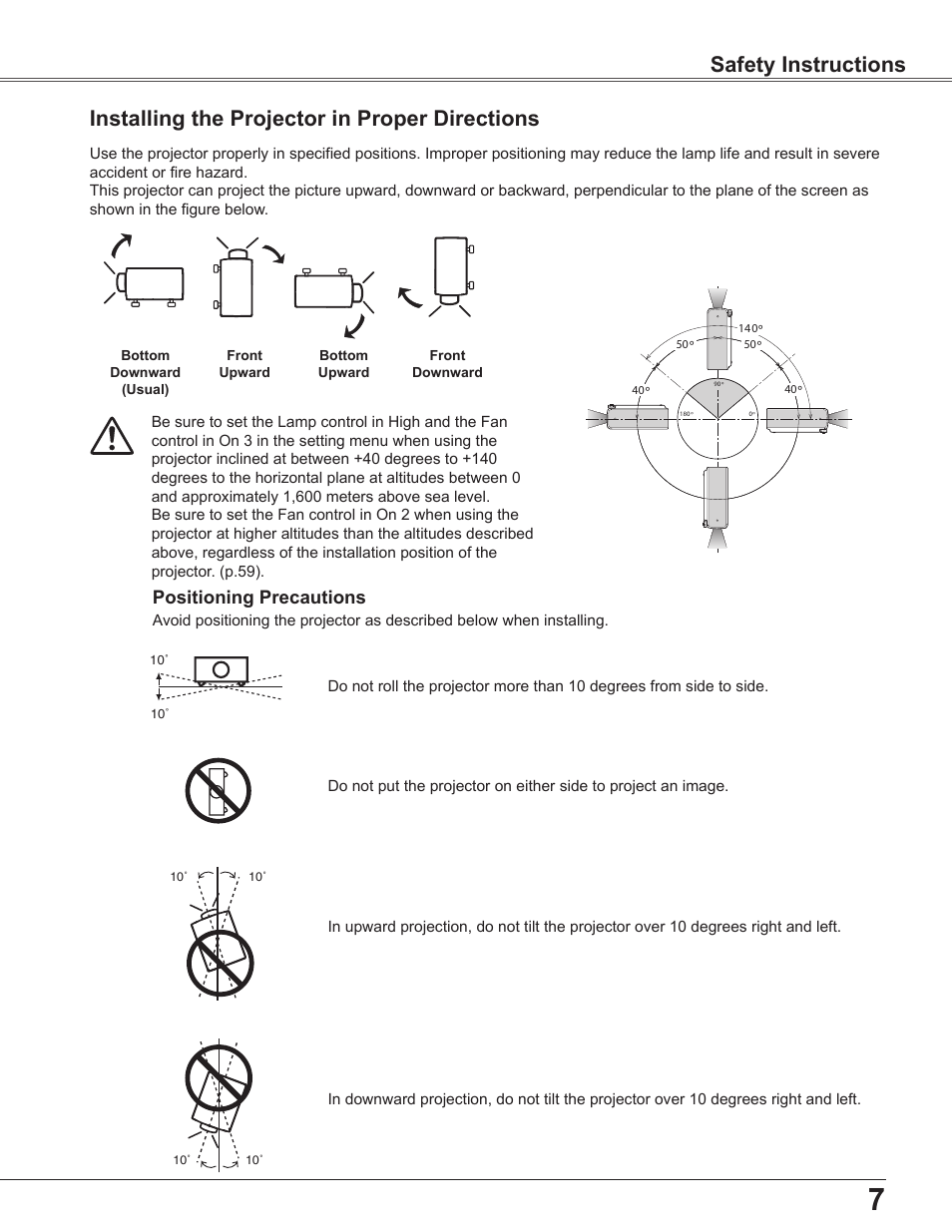 Installing the projector in proper directions, Safety instructions, Positioning precautions | Sanyo PLC-WU3800 User Manual | Page 7 / 83