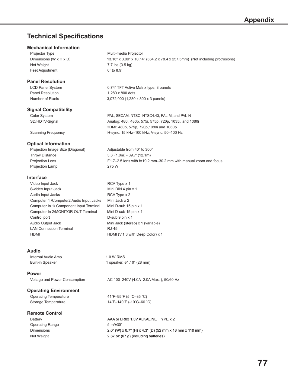 Technical specifications, Appendix technical specifications | Sanyo PLC-WU3800 User Manual | Page 77 / 83
