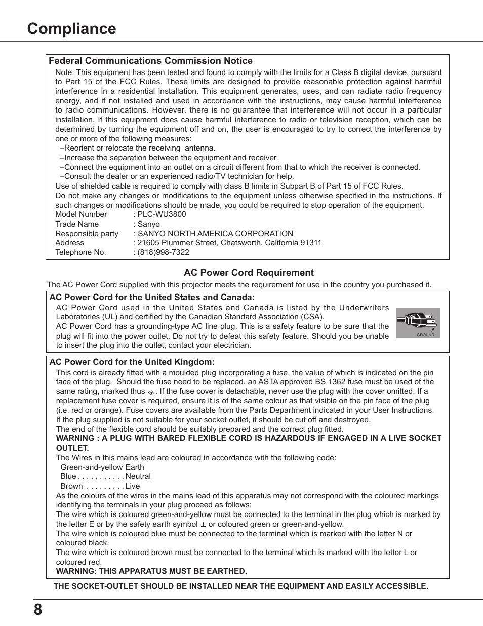 Compliance, 8compliance | Sanyo PLC-WU3800 User Manual | Page 8 / 83