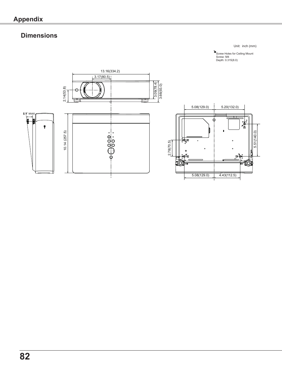 Dimensions, Appendix dimensions | Sanyo PLC-WU3800 User Manual | Page 82 / 83