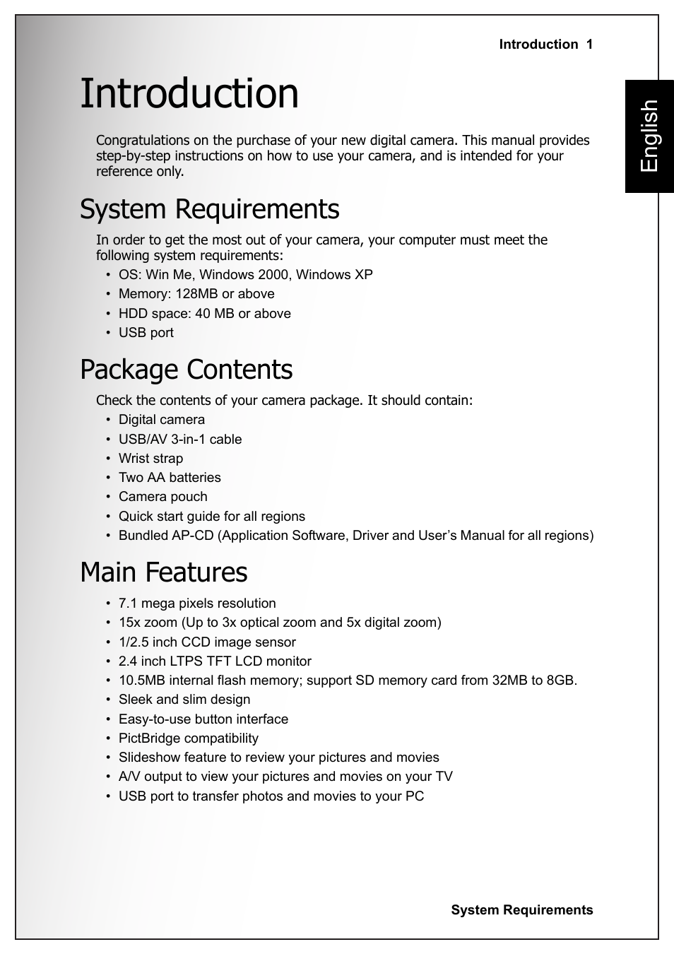 Introduction, System requirements, Package contents | Main features, System requirements package contents main features, English | Sanyo VPC S770 User Manual | Page 15 / 63