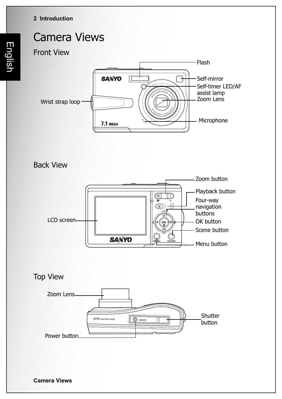 Camera views, Front view, Back view | Top view, Front view back view top view, English, 2 introduction camera views, Shutter button power button zoom lens | Sanyo VPC S770 User Manual | Page 16 / 63