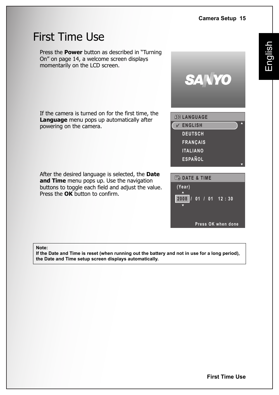 First time use, English | Sanyo VPC S770 User Manual | Page 29 / 63