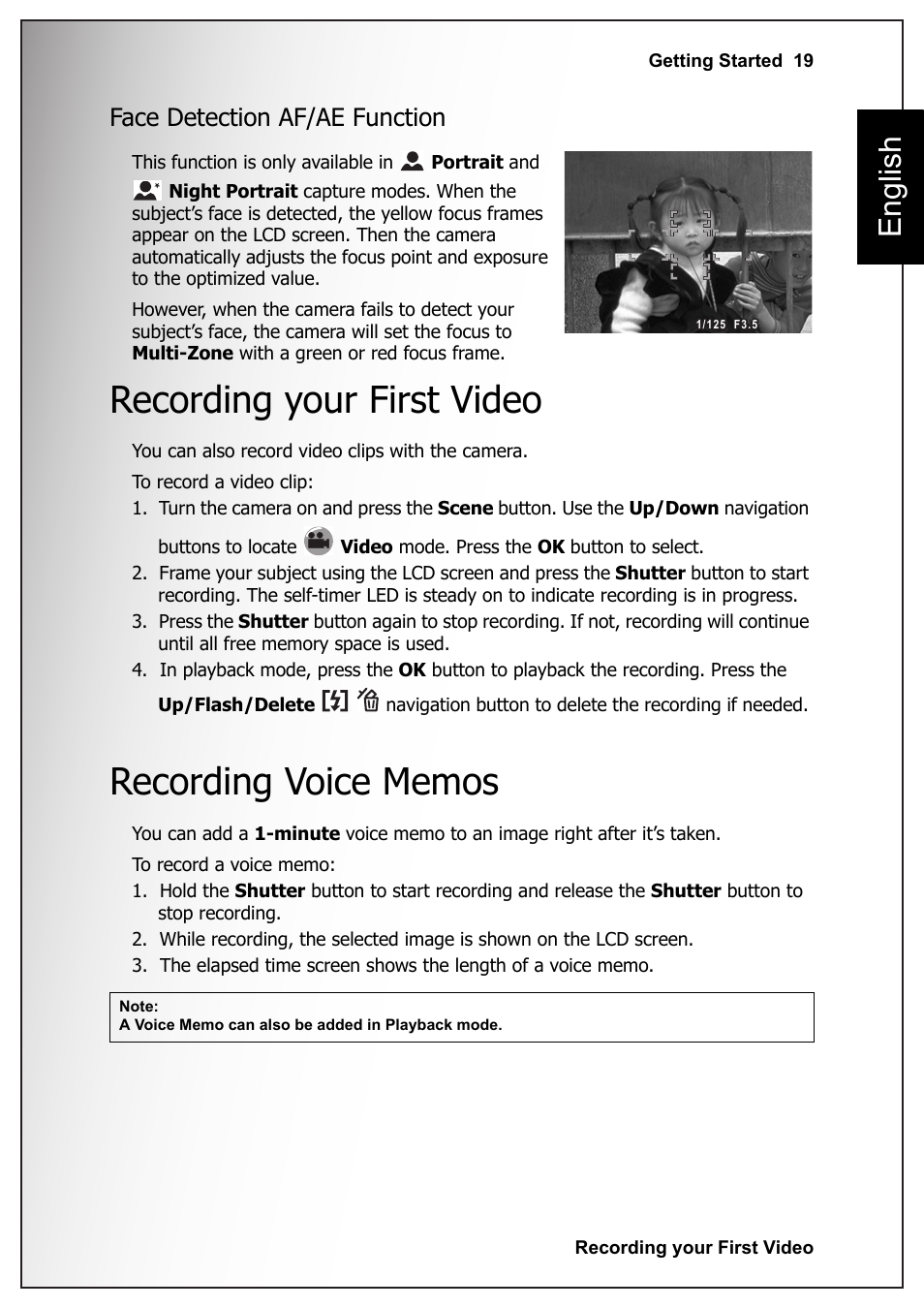 Face detection af/ae function, Recording your first video, Recording voice memos | Recording your first video recording voice memos, English | Sanyo VPC S770 User Manual | Page 33 / 63