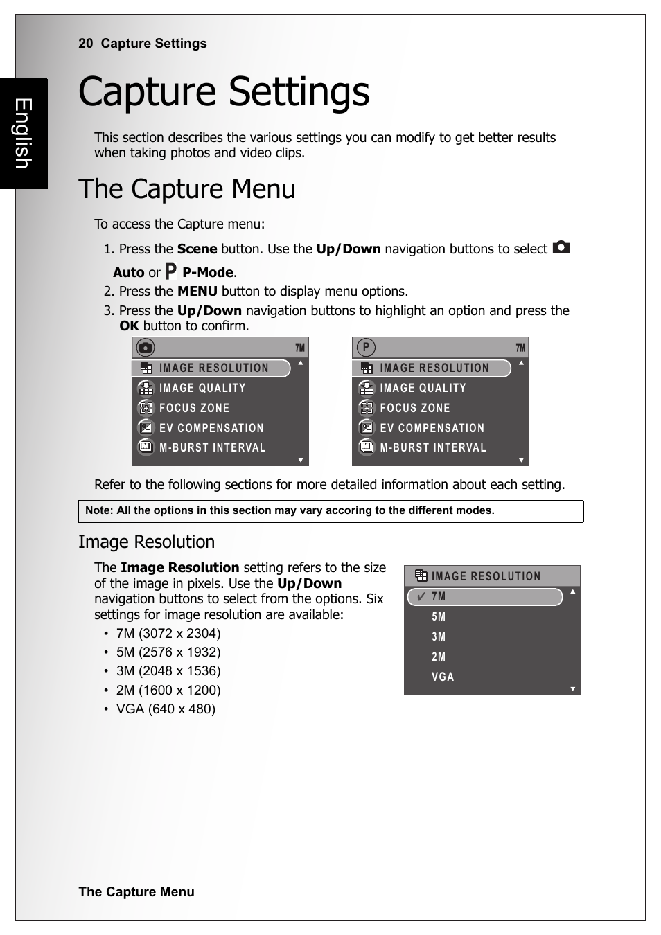 Capture settings, The capture menu, Image resolution | English | Sanyo VPC S770 User Manual | Page 34 / 63