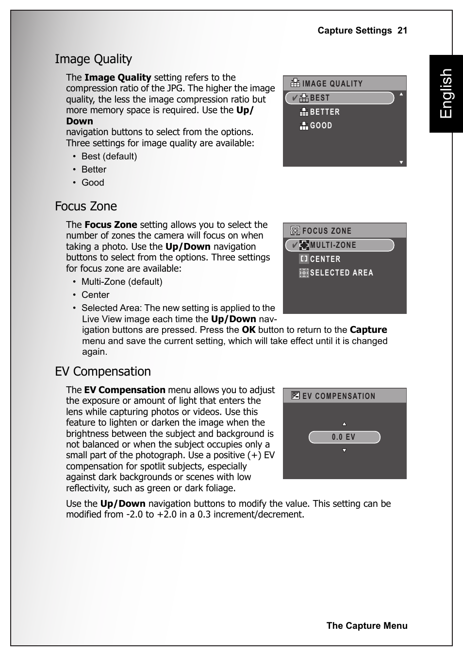 Image quality, Focus zone, Ev compensation | Image quality focus zone ev compensation, English | Sanyo VPC S770 User Manual | Page 35 / 63