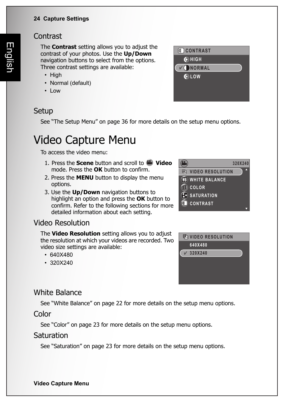 Contrast, Setup, Video capture menu | Video resolution, White balance, Color, Saturation, Contrast setup, Video resolution white balance color saturation, English | Sanyo VPC S770 User Manual | Page 38 / 63