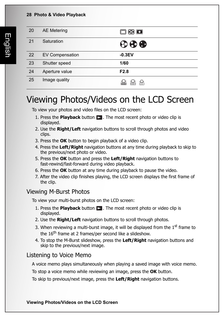 Viewing photos/videos on the lcd screen, Viewing m-burst photos, Listening to voice memo | Viewing m-burst photos listening to voice memo, English | Sanyo VPC S770 User Manual | Page 42 / 63