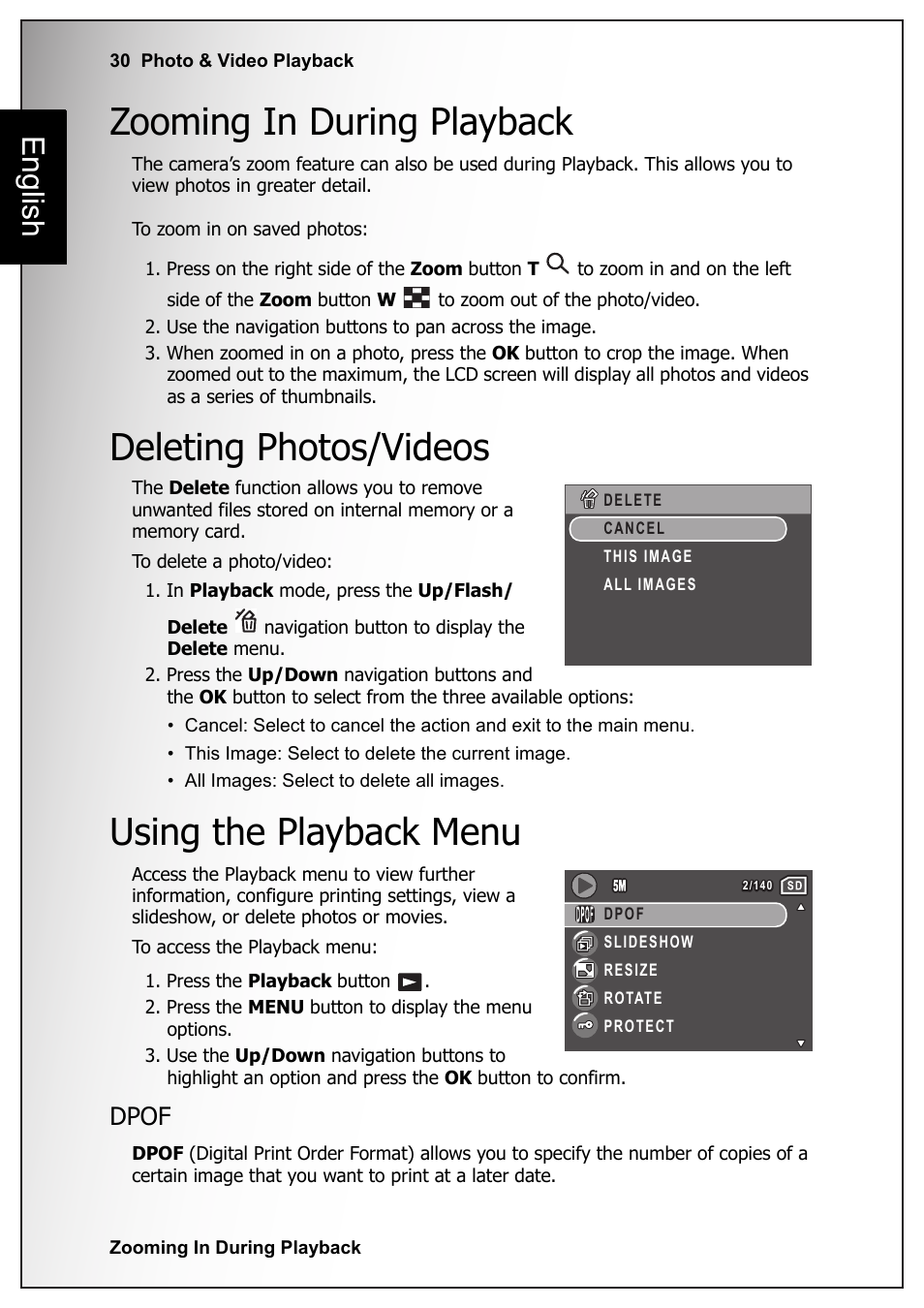 Zooming in during playback, Deleting photos/videos, Using the playback menu | Dpof, English | Sanyo VPC S770 User Manual | Page 44 / 63