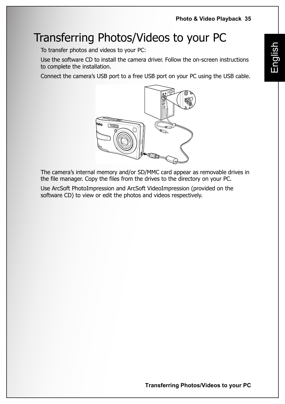 Transferring photos/videos to your pc, English | Sanyo VPC S770 User Manual | Page 49 / 63