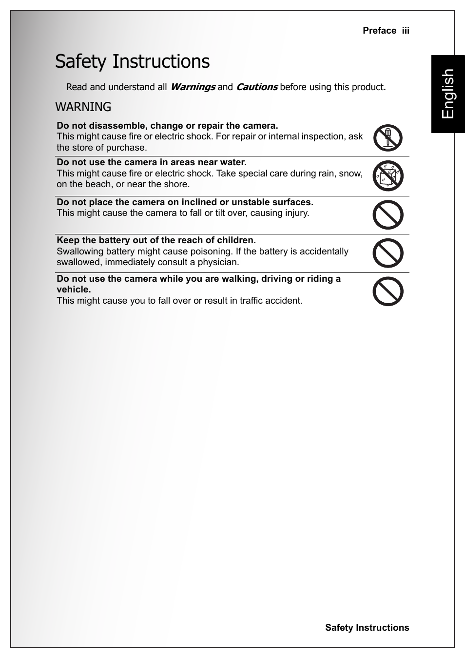 Safety instructions, Warning, English | Sanyo VPC S770 User Manual | Page 5 / 63