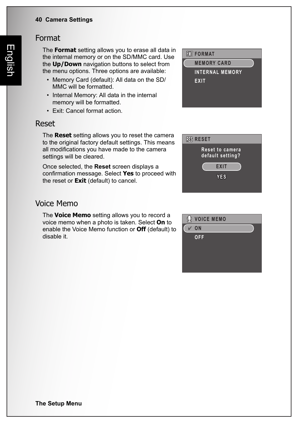 Format, Reset, Voice memo | Format reset voice memo, English | Sanyo VPC S770 User Manual | Page 54 / 63
