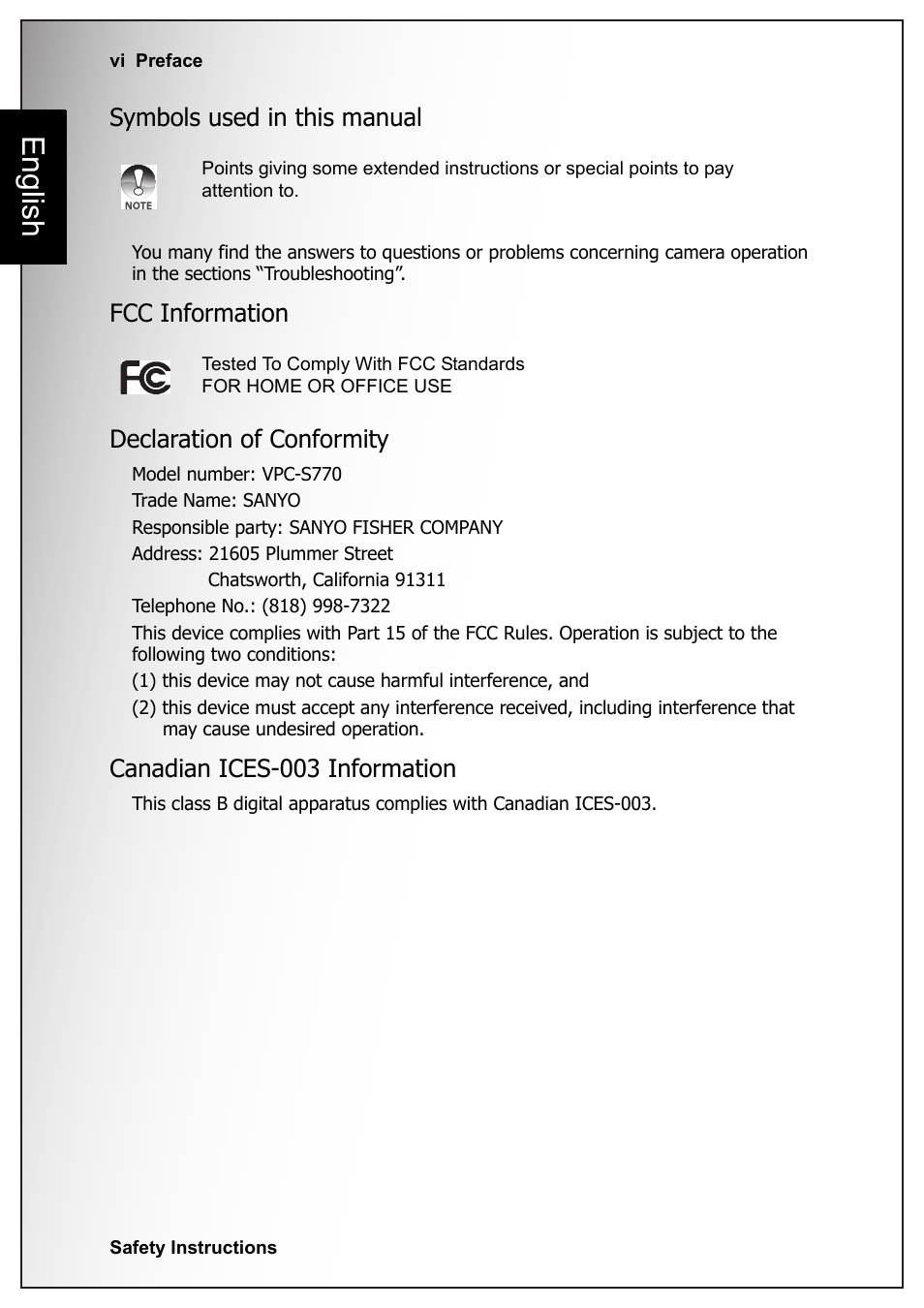 Symbols used in this manual, Fcc information, Declaration of conformity | Canadian ices-003 information, English, Fcc information declaration of conformity | Sanyo VPC S770 User Manual | Page 8 / 63