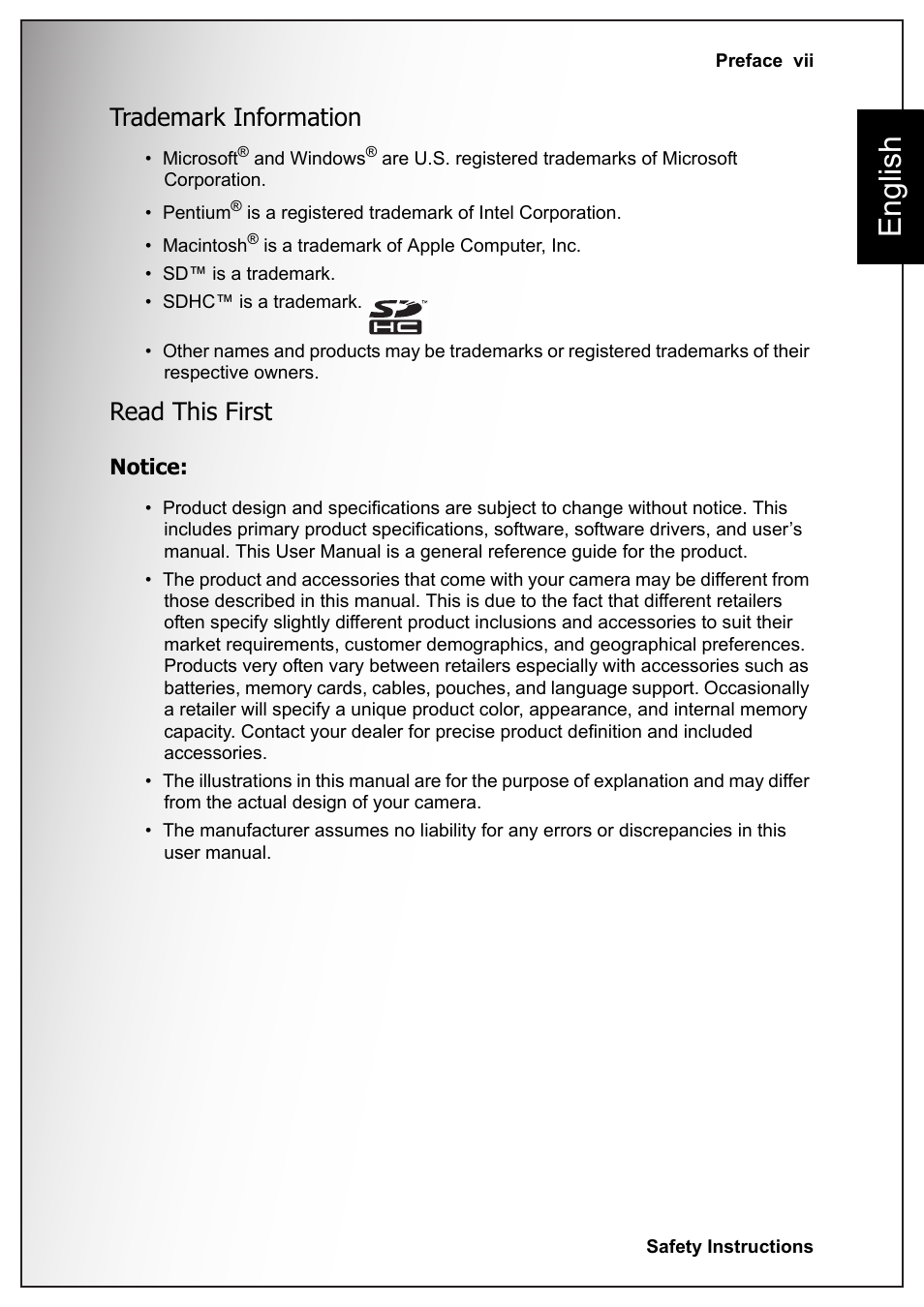 Trademark information, Read this first, English | Sanyo VPC S770 User Manual | Page 9 / 63