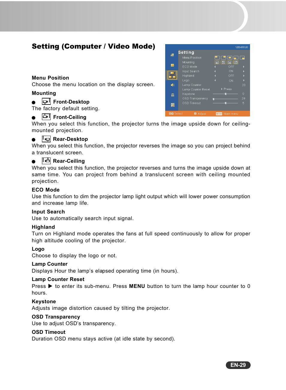 Setting (computer / video mode) | Sanyo PCL-WXU10B User Manual | Page 30 / 42