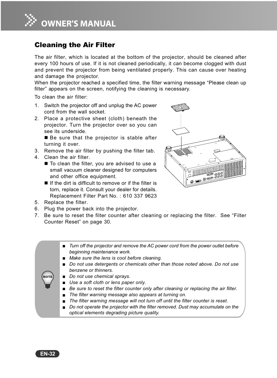 Cleaning the air filter | Sanyo PCL-WXU10B User Manual | Page 33 / 42