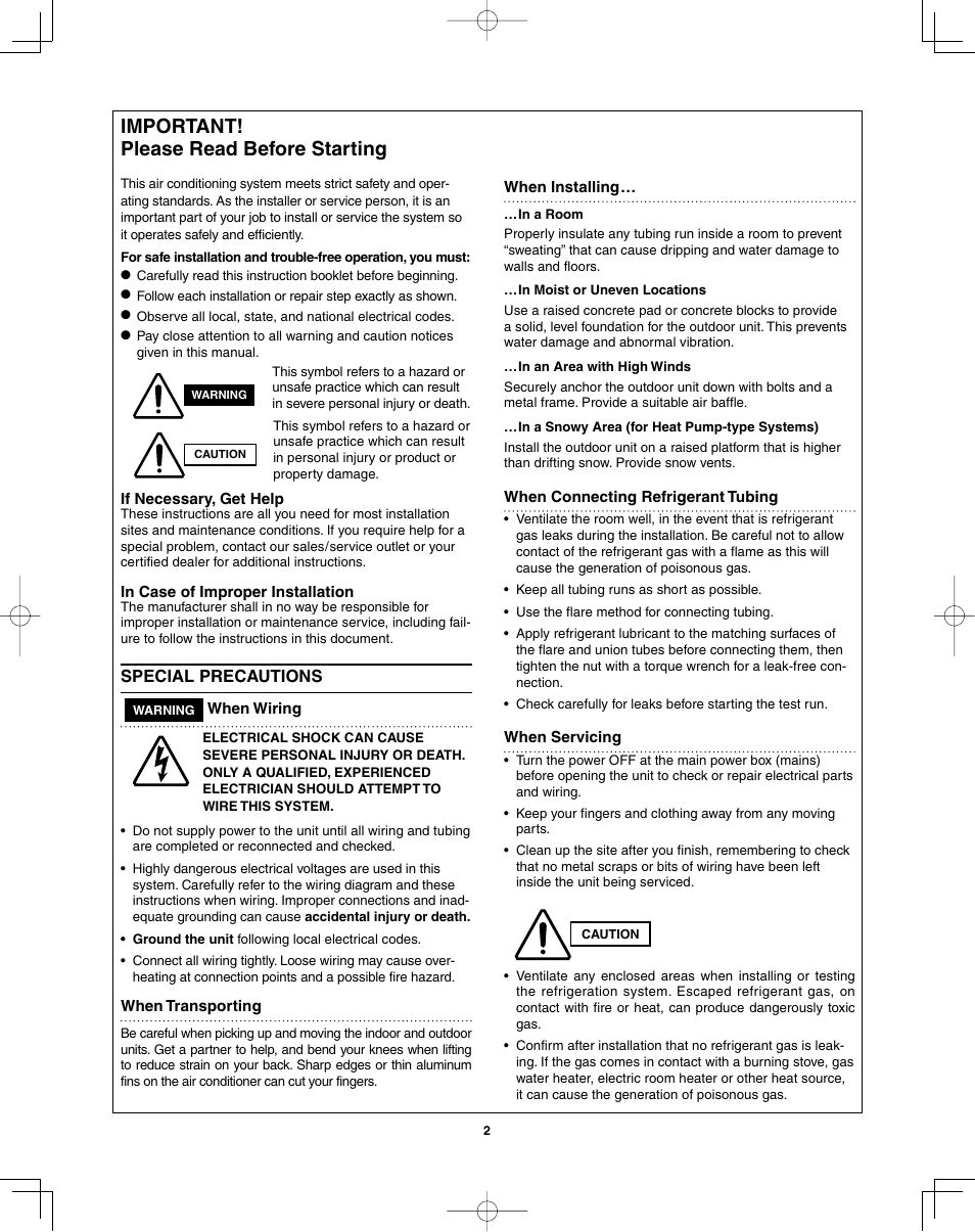 Important! please read before starting | Sanyo ECO R410A User Manual | Page 2 / 48