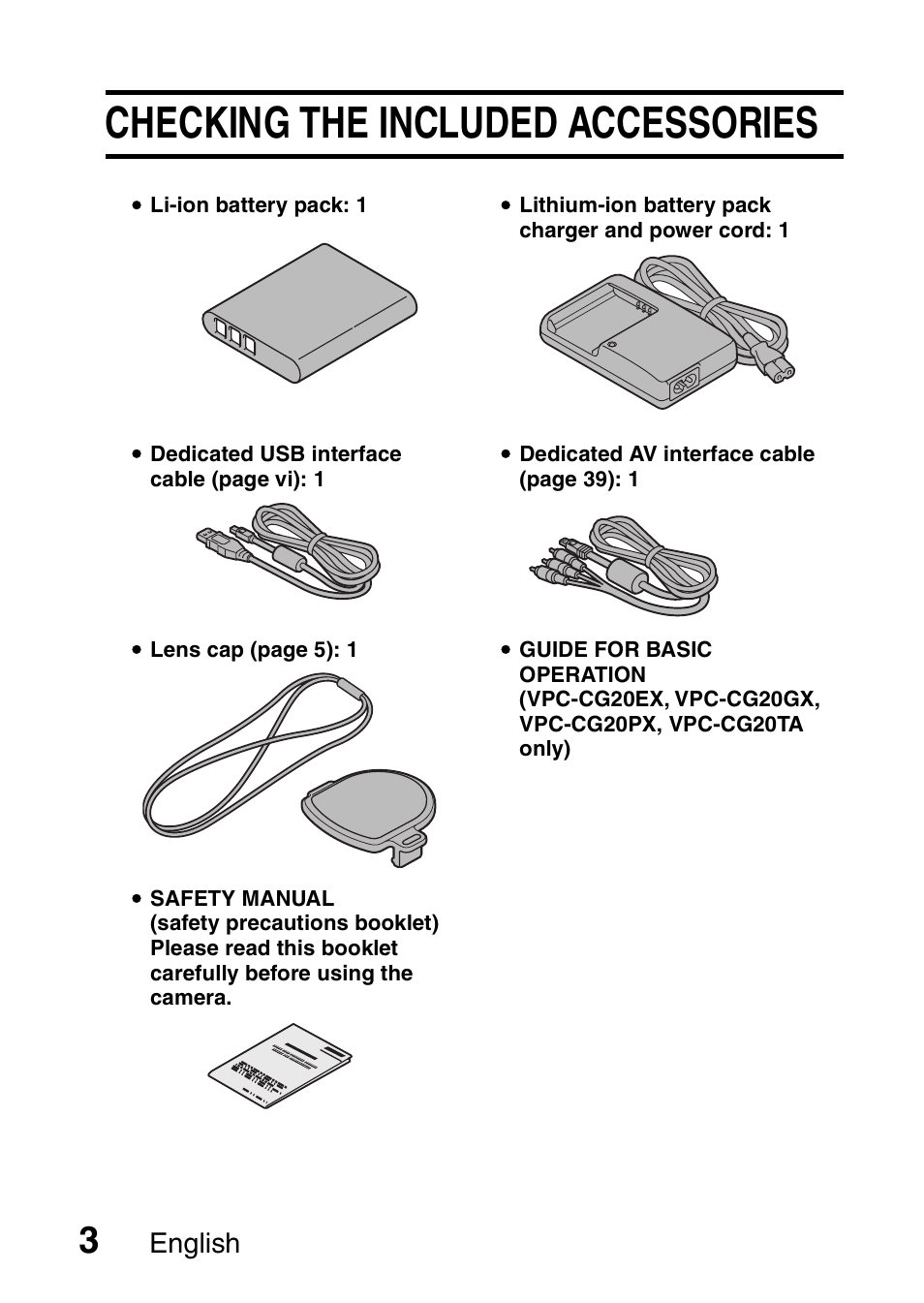 Checking the included accessories, English | Sanyo VPC-CG20 User Manual | Page 12 / 75