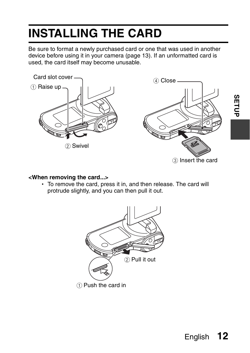 Installing the card, English | Sanyo VPC-CG20 User Manual | Page 21 / 75