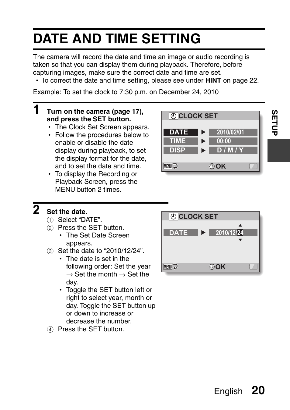 Date and time setting, English | Sanyo VPC-CG20 User Manual | Page 29 / 75