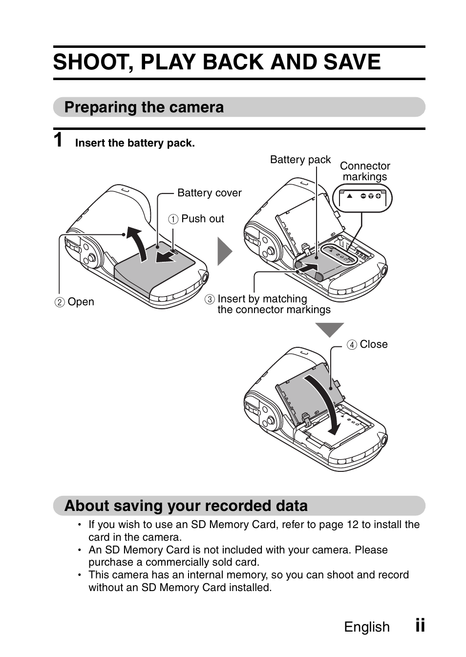 Shoot, play back and save, Preparing the camera, About saving your recorded data | Sanyo VPC-CG20 User Manual | Page 3 / 75