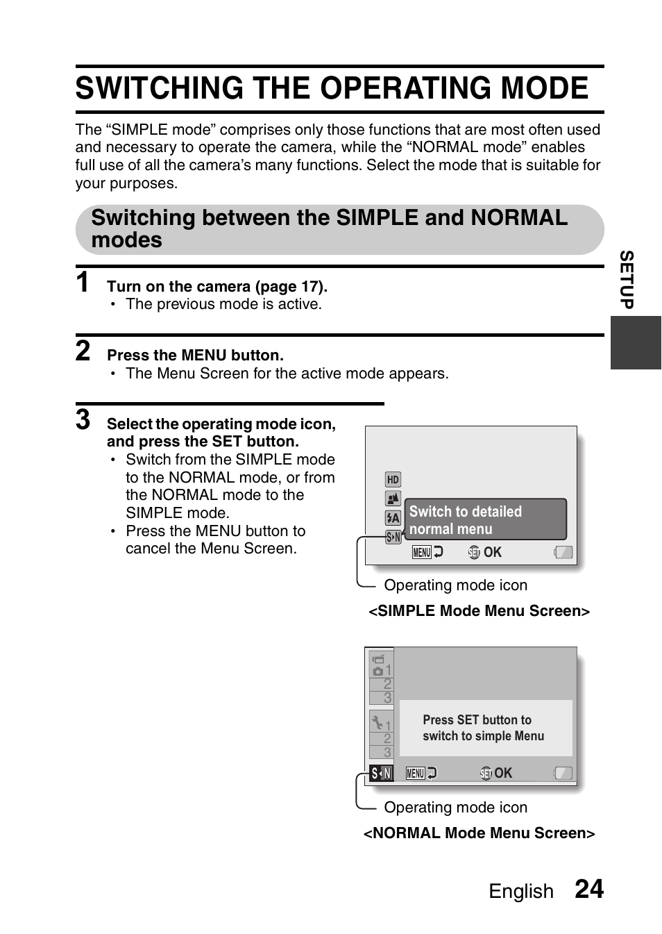 Switching the operating mode, Switching between the simple and normal modes, English | Sanyo VPC-CG20 User Manual | Page 33 / 75