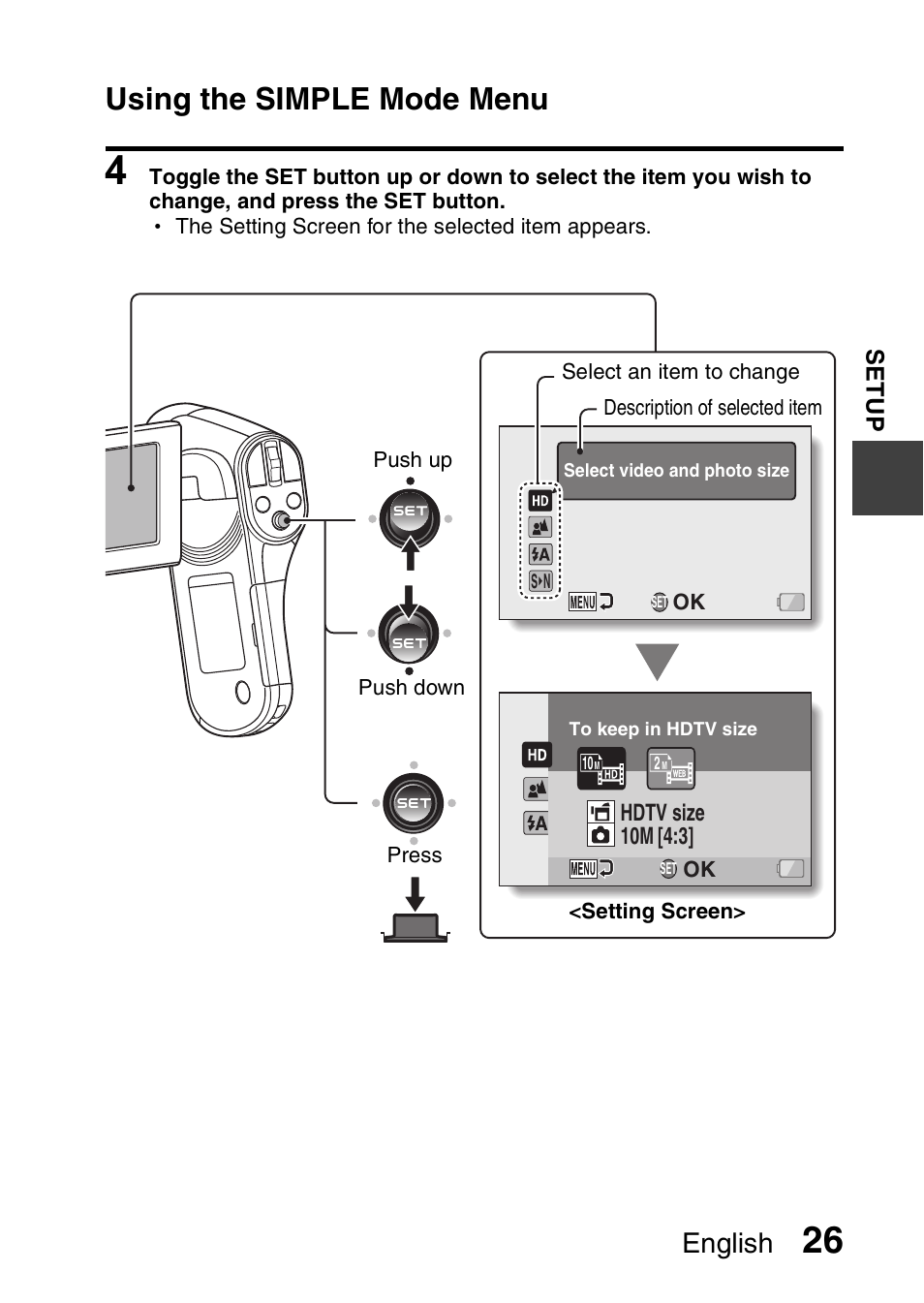 Using the simple mode menu, English | Sanyo VPC-CG20 User Manual | Page 35 / 75