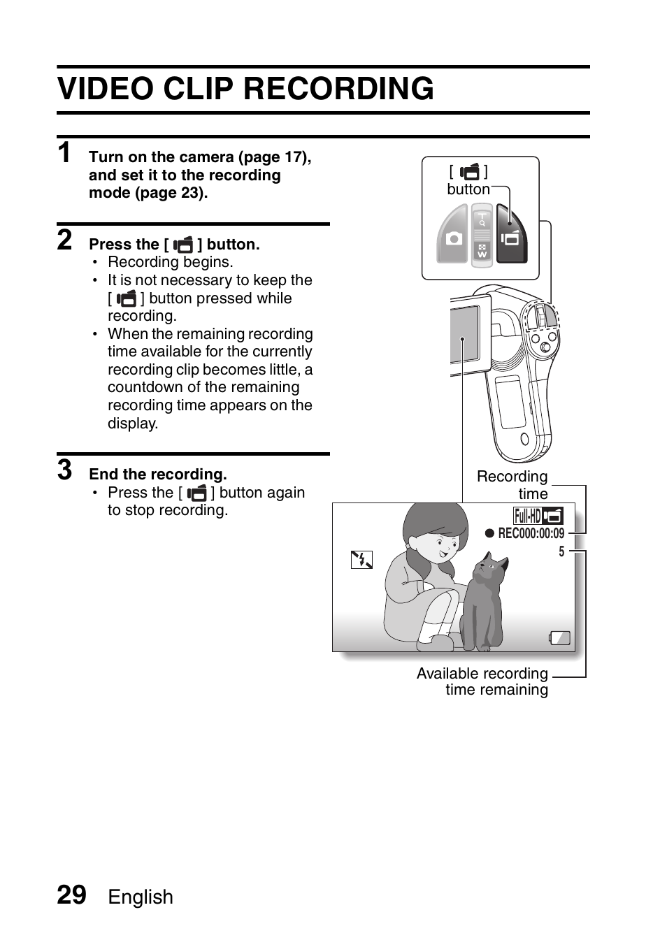 Shooting, Video clip recording, English | Sanyo VPC-CG20 User Manual | Page 38 / 75