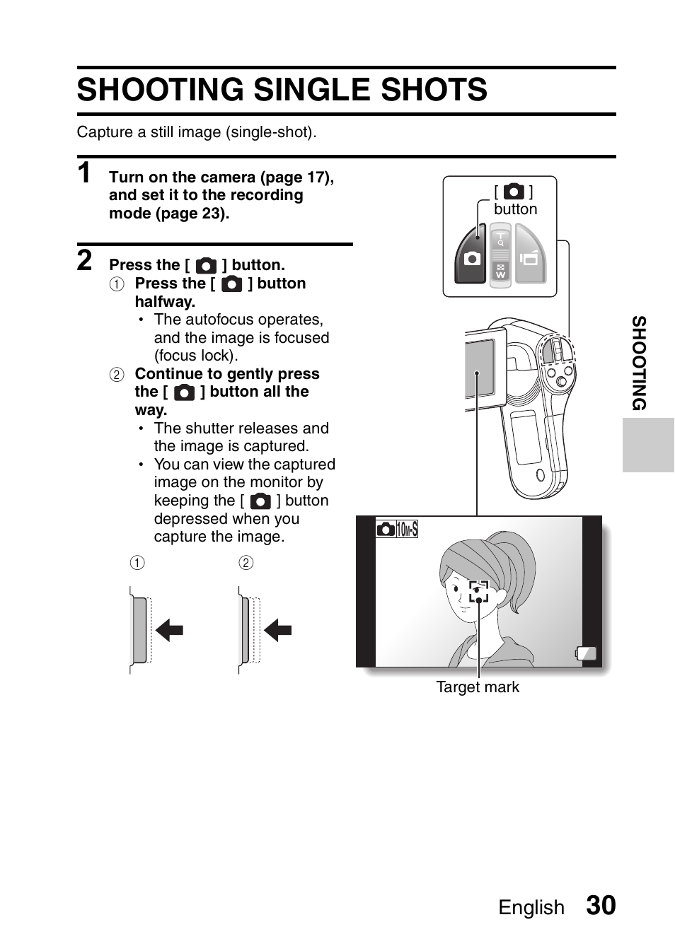 Shooting single shots, English | Sanyo VPC-CG20 User Manual | Page 39 / 75