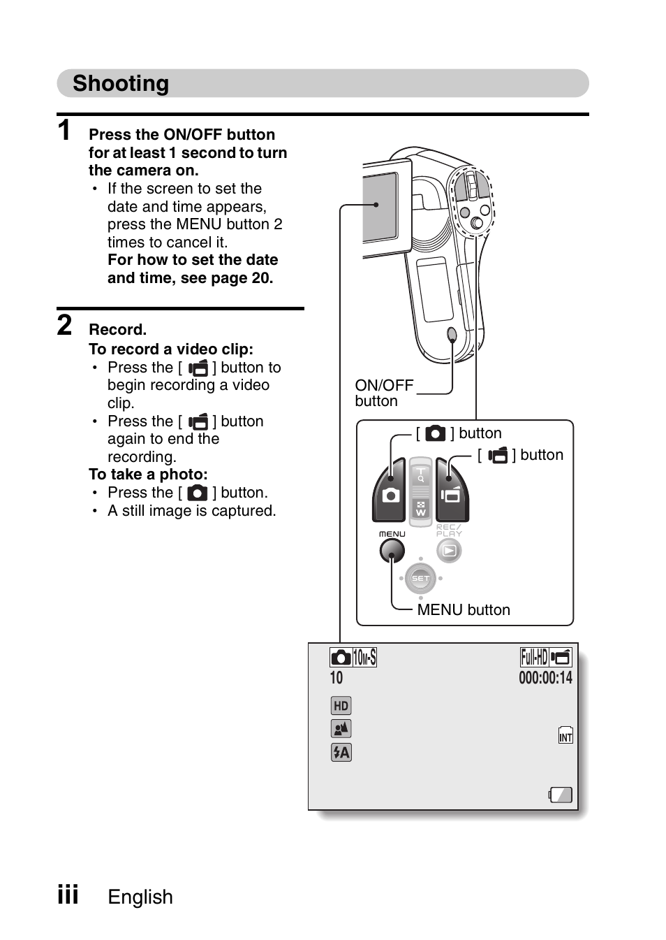 Shooting, Full-hd 10 | Sanyo VPC-CG20 User Manual | Page 4 / 75