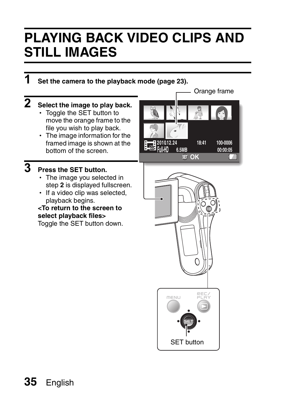 Playback, Playing back video clips and still images, English | Sanyo VPC-CG20 User Manual | Page 44 / 75