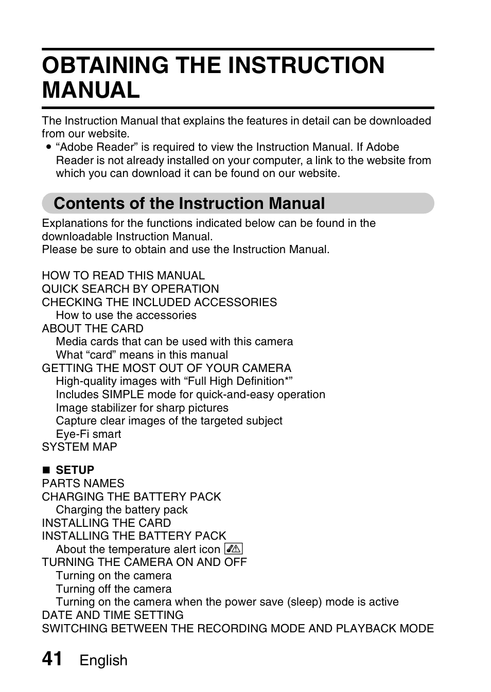 Obtaining the instruction manual, Contents of the instruction manual, English | Sanyo VPC-CG20 User Manual | Page 50 / 75