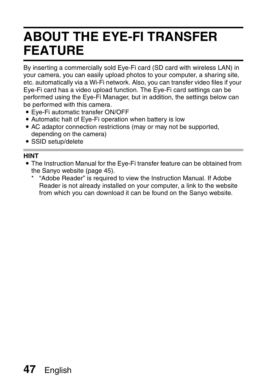 About the eye-fi transfer feature, English | Sanyo VPC-CG20 User Manual | Page 56 / 75