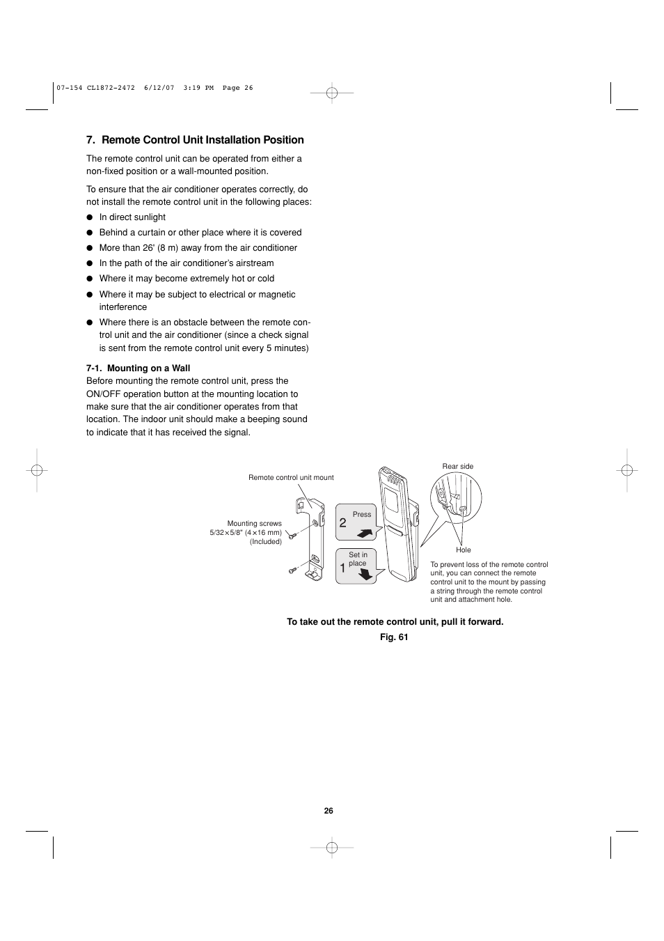 Remote control unit installation position | Sanyo CL2472 User Manual | Page 115 / 117