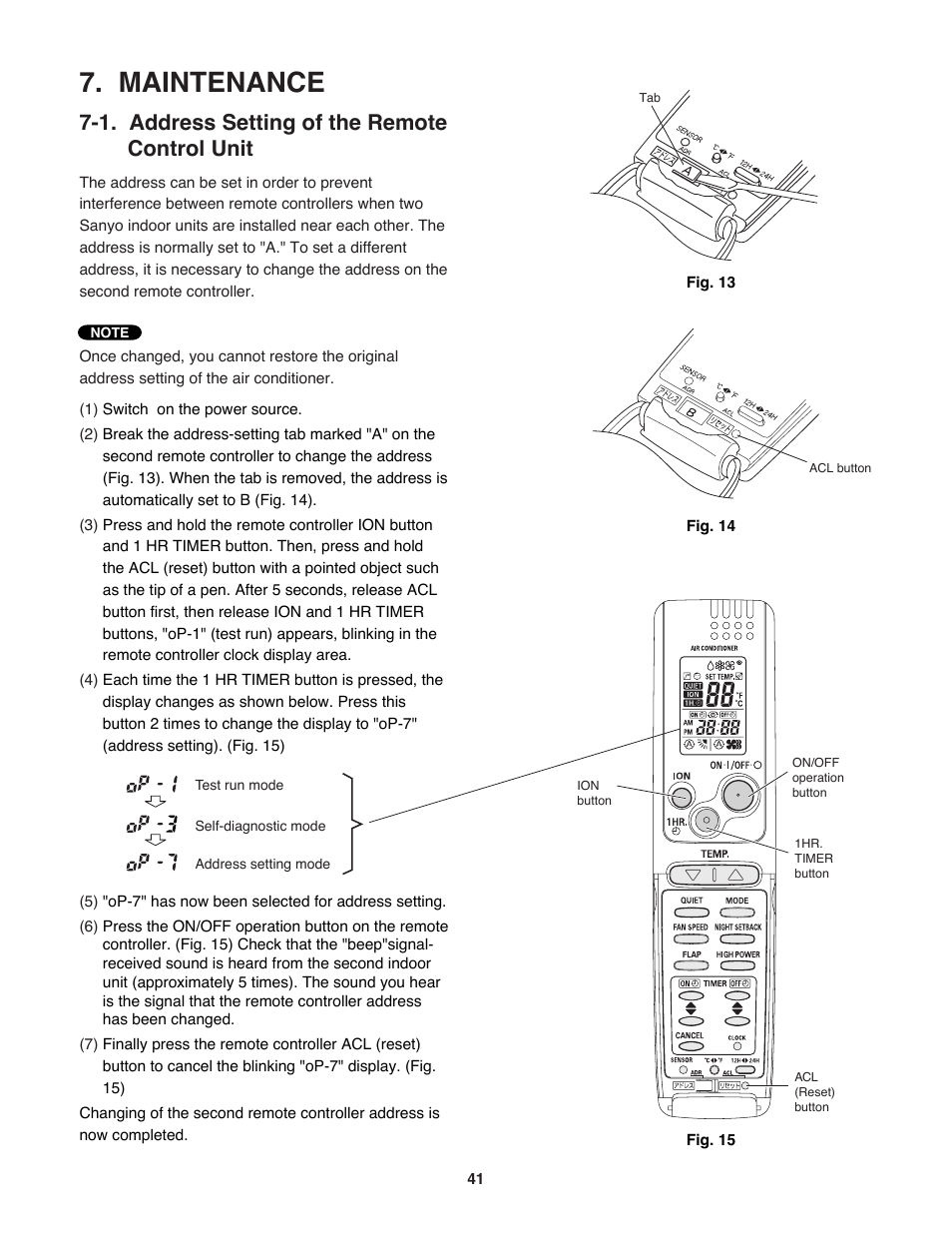 Maintenance, 1. address setting of the remote control unit | Sanyo CL2472 User Manual | Page 41 / 117