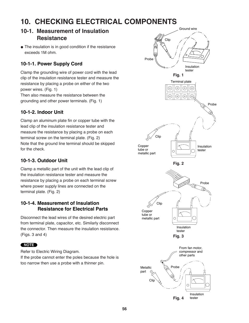 Checking electrical components, 1. measurement of insulation resistance, 1-1. power supply cord | 1-2. indoor unit, 1-3. outdoor unit | Sanyo CL2472 User Manual | Page 56 / 117