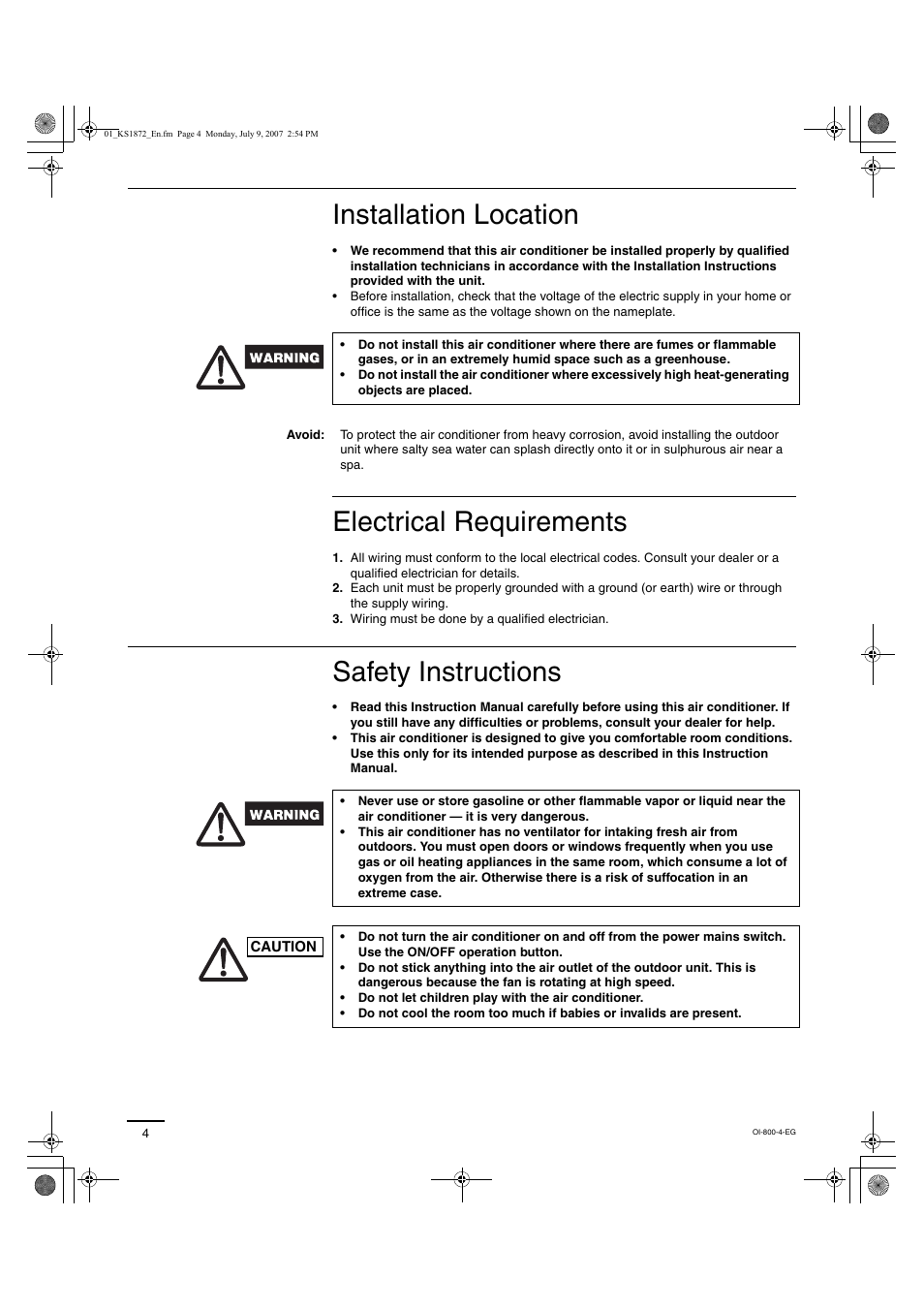 Installation location, Electrical requirements, Safety instructions | Sanyo CL2472 User Manual | Page 68 / 117