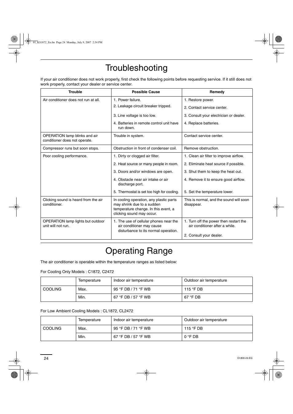 Troubleshooting, Operating range | Sanyo CL2472 User Manual | Page 88 / 117