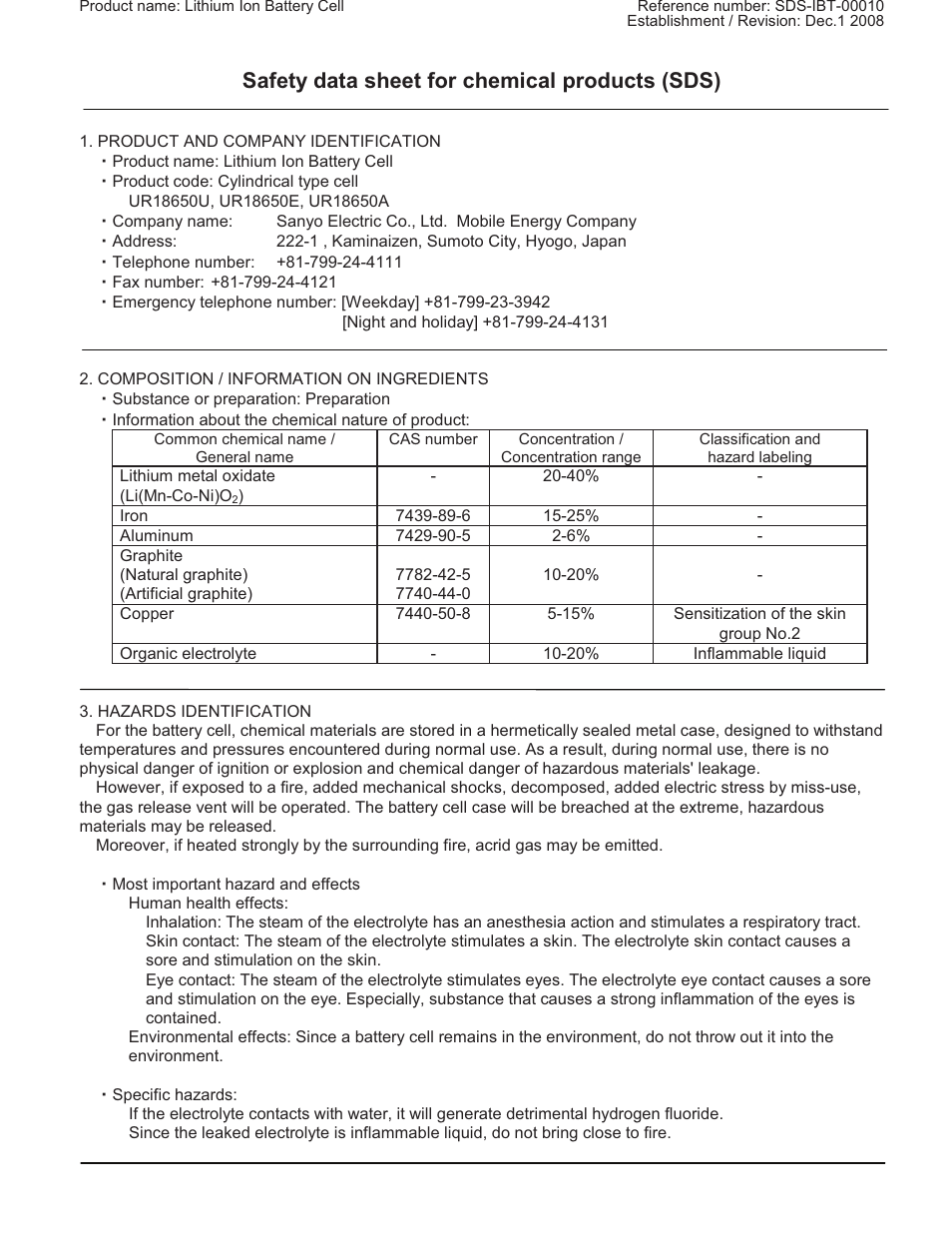 Sanyo UR18650U User Manual | 5 pages