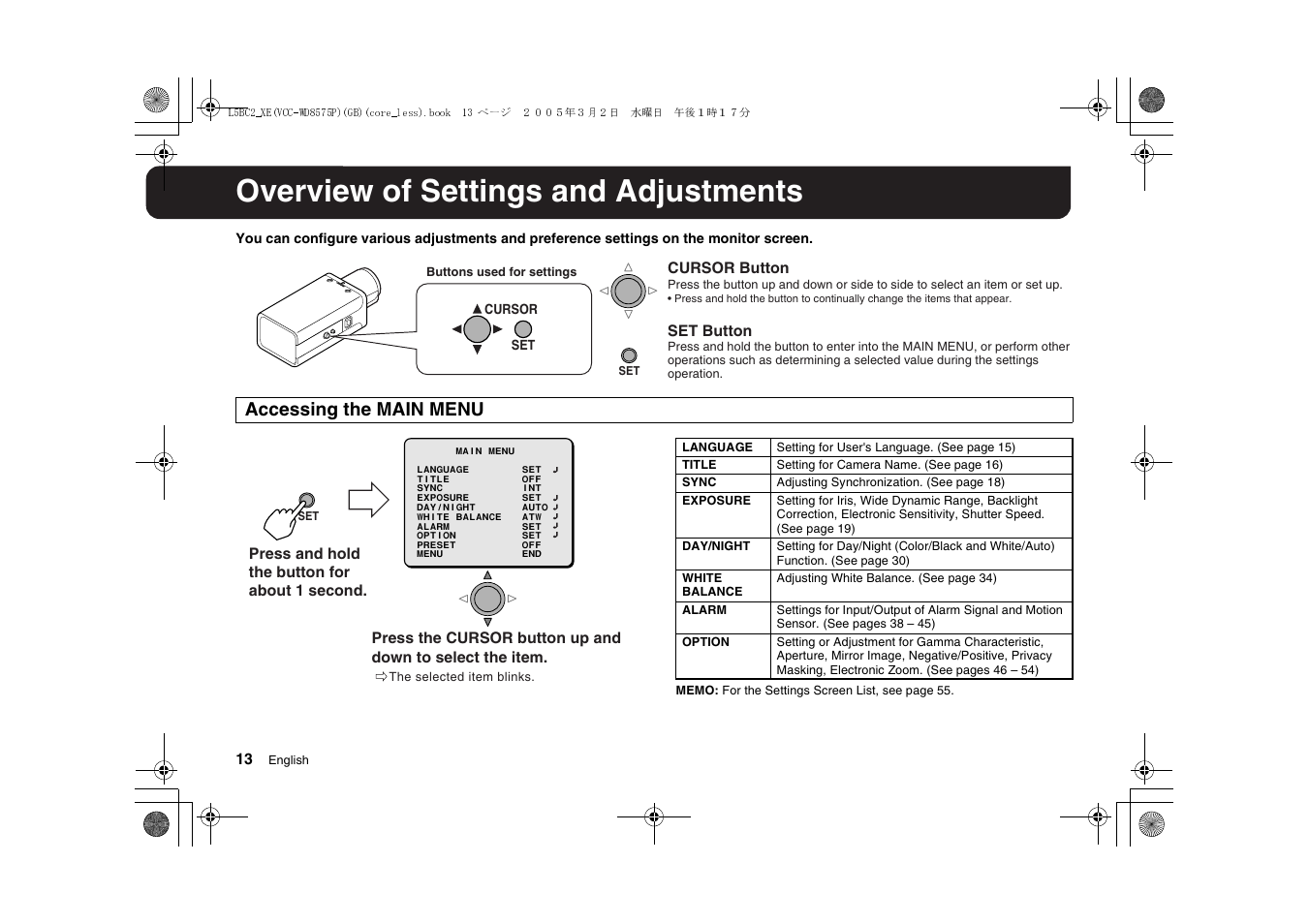 Overview of settings and adjustments, Accessing the main menu | Sanyo VCC-WD8575P User Manual | Page 14 / 60