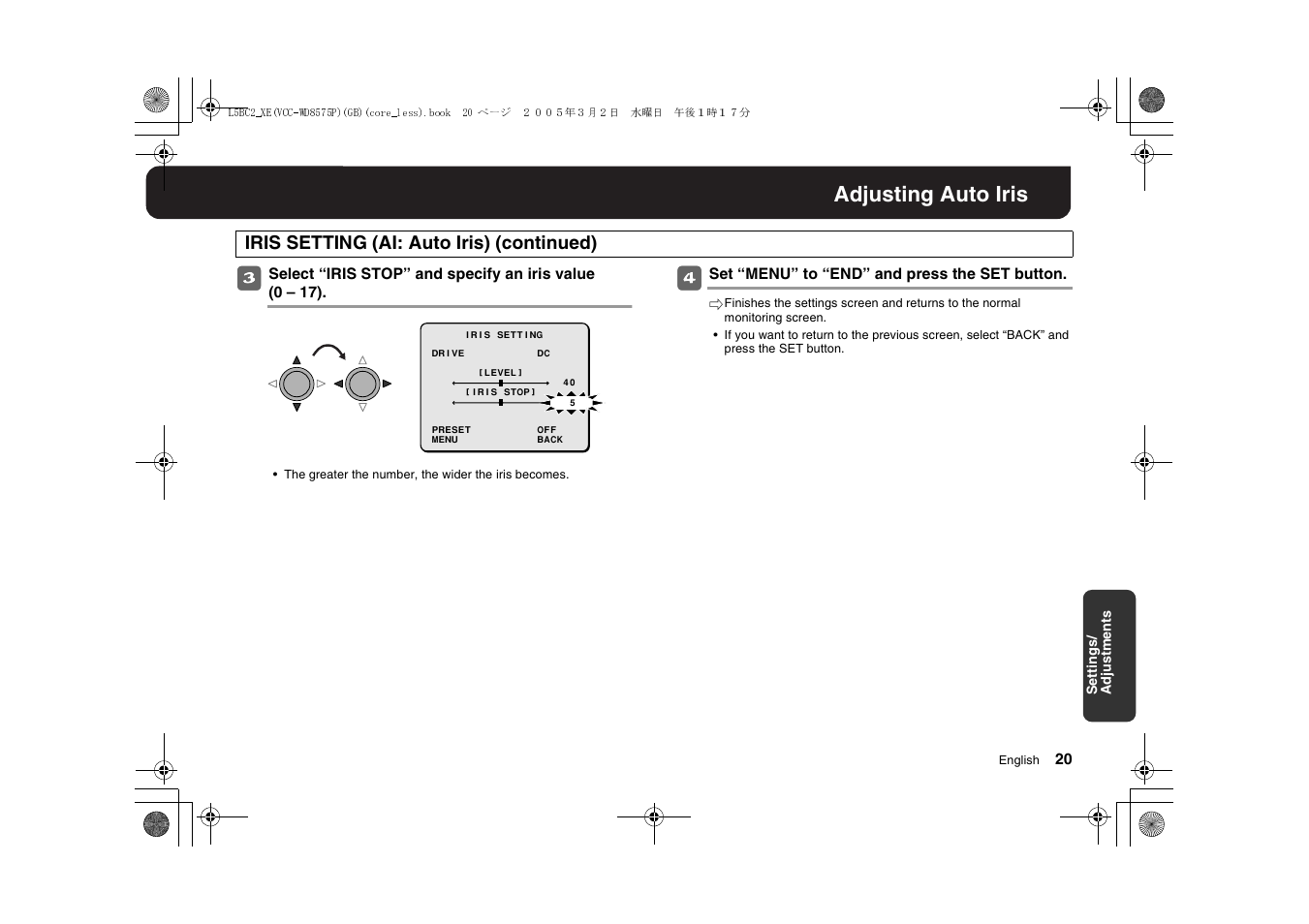 Adjusting auto iris | Sanyo VCC-WD8575P User Manual | Page 21 / 60