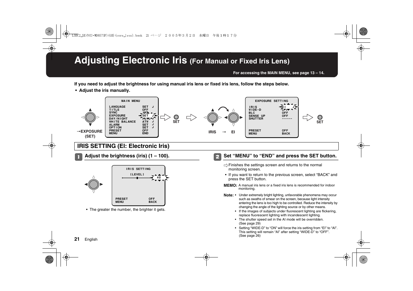 Adjusting electronic iris, For manual or fixed iris lens), Iris setting (ei: electronic iris) | Sanyo VCC-WD8575P User Manual | Page 22 / 60