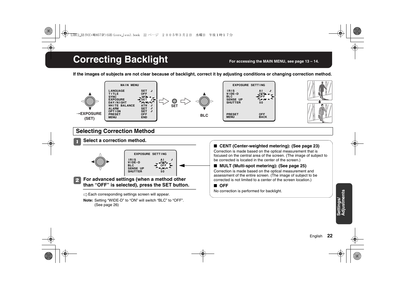 Correcting backlight, Selecting correction method | Sanyo VCC-WD8575P User Manual | Page 23 / 60