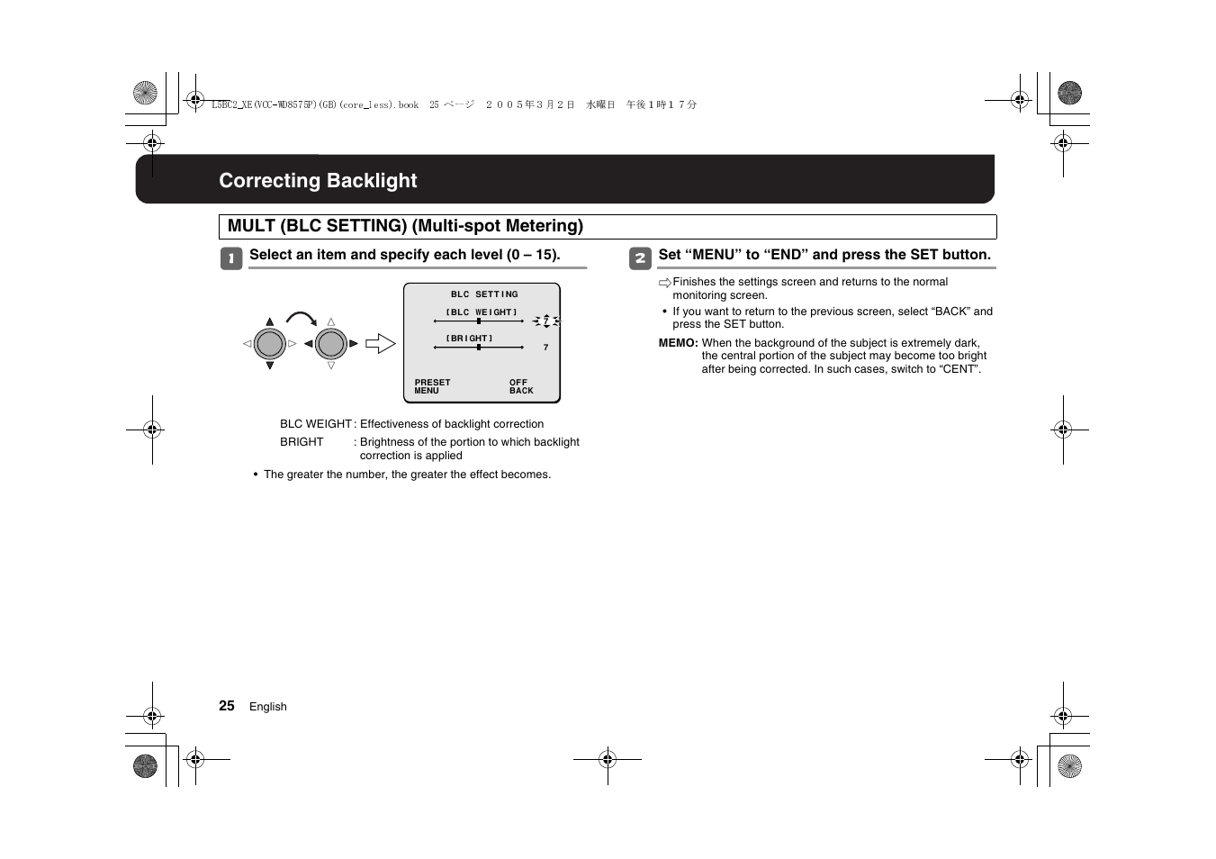 Correcting backlight | Sanyo VCC-WD8575P User Manual | Page 26 / 60