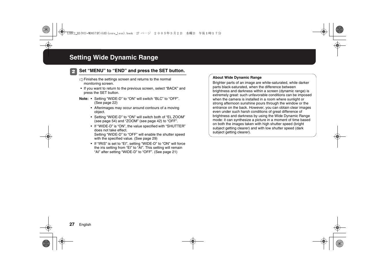 Setting wide dynamic range | Sanyo VCC-WD8575P User Manual | Page 28 / 60