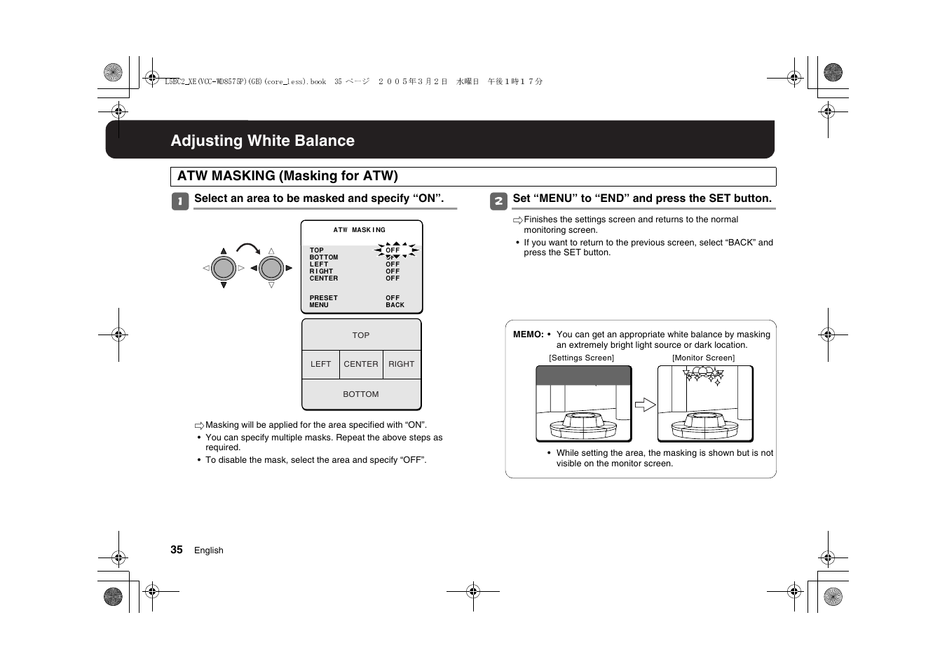 Adjusting white balance, Atw masking (masking for atw) | Sanyo VCC-WD8575P User Manual | Page 36 / 60
