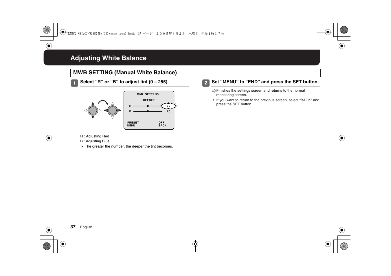 Adjusting white balance | Sanyo VCC-WD8575P User Manual | Page 38 / 60