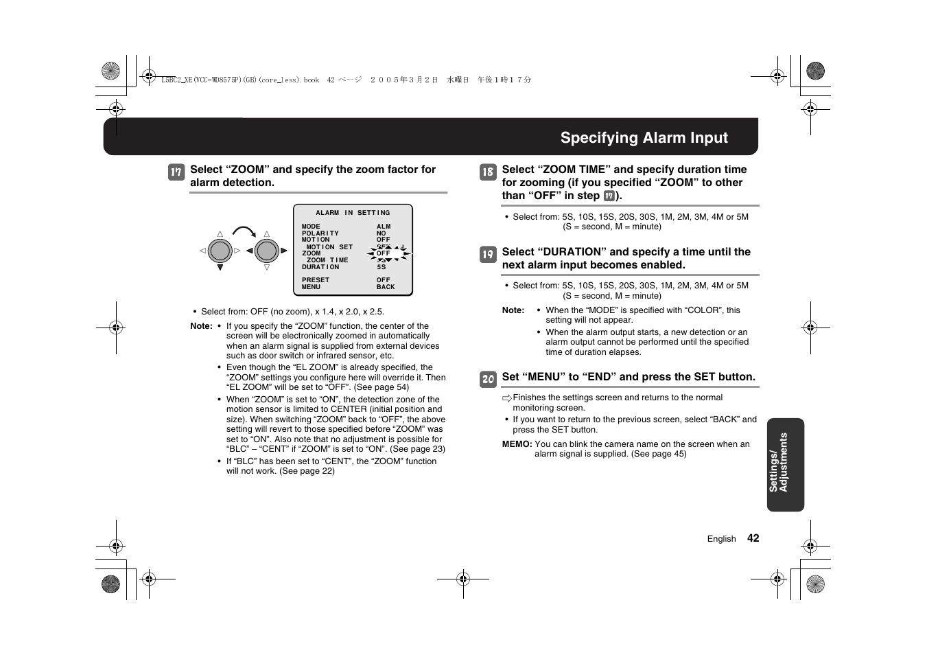 Specifying alarm input | Sanyo VCC-WD8575P User Manual | Page 43 / 60