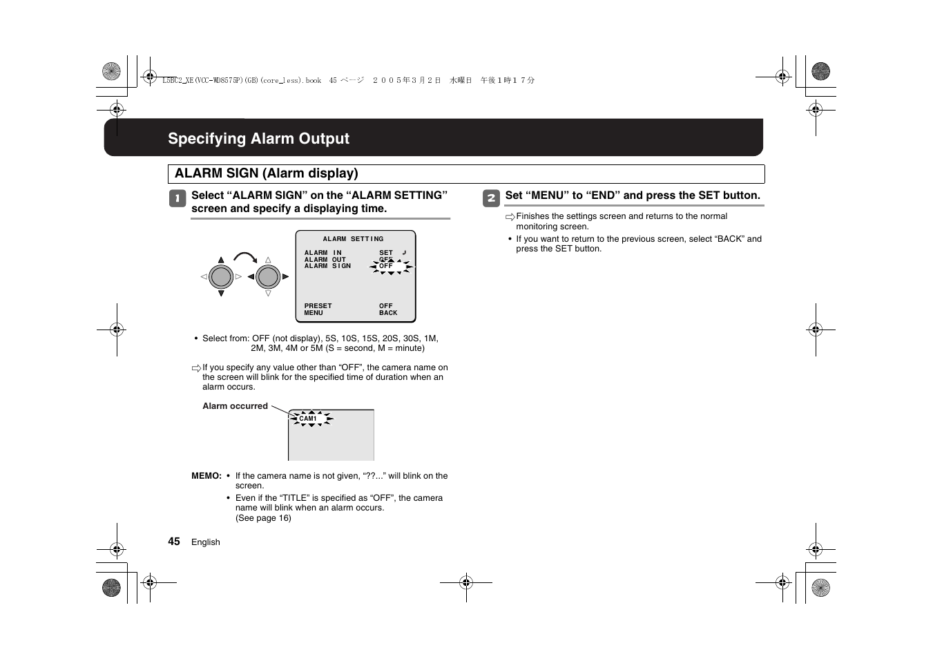 Specifying alarm output, Alarm sign (alarm display) | Sanyo VCC-WD8575P User Manual | Page 46 / 60
