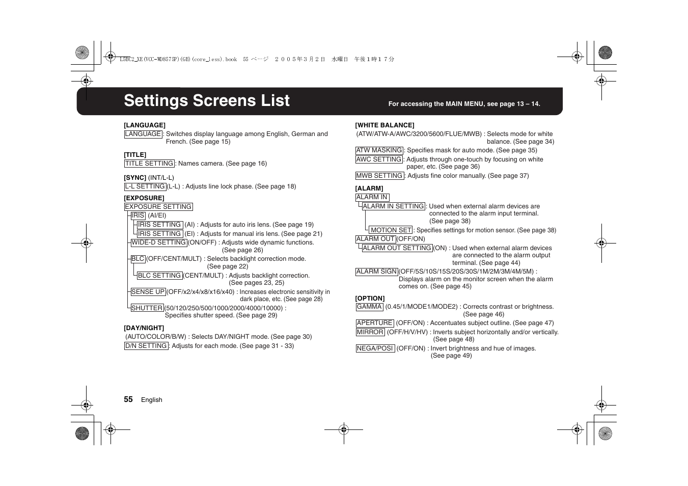 Settings screens list | Sanyo VCC-WD8575P User Manual | Page 56 / 60
